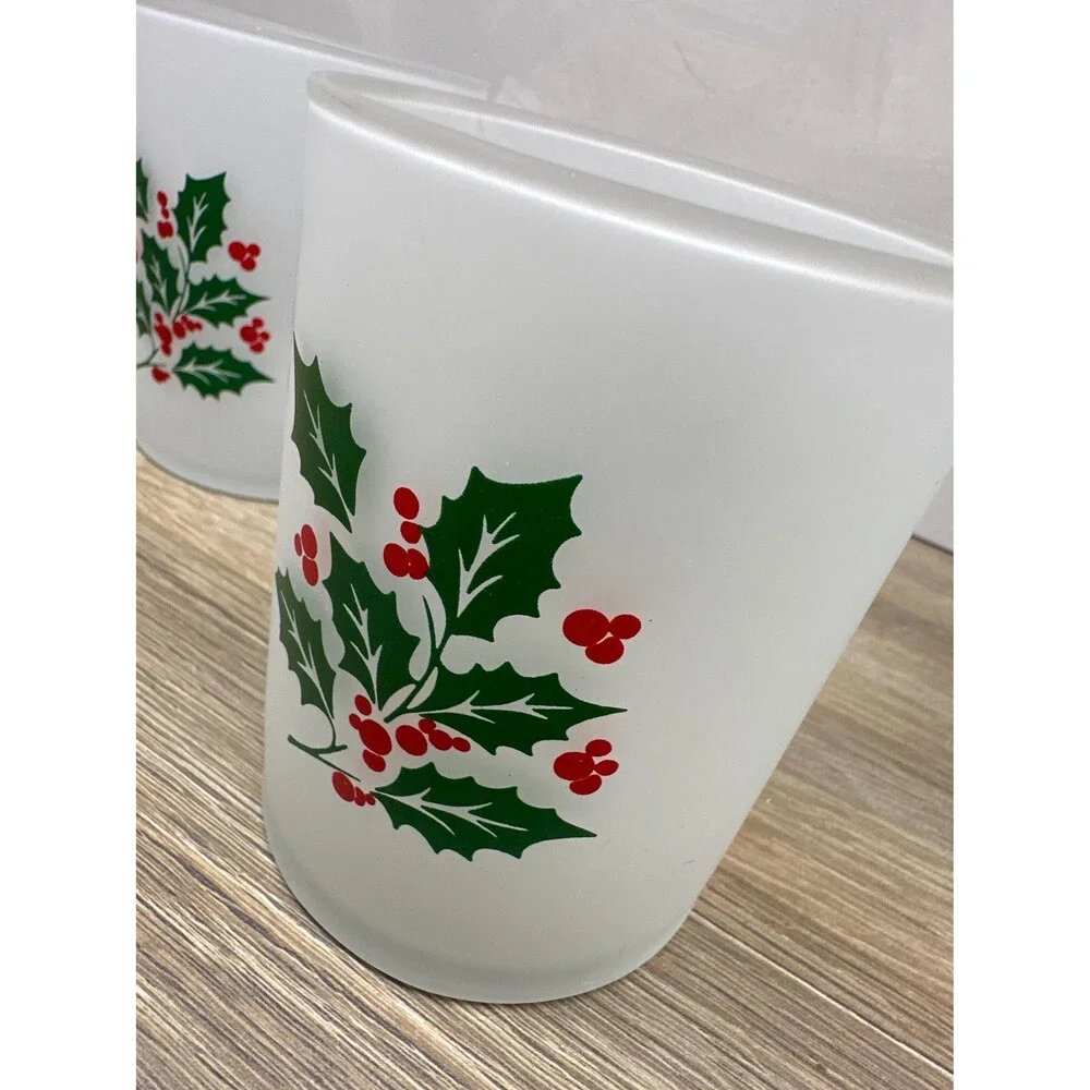 VTG Indiana Glass Frosted Holly Berry Double Old Fashioned Rocks Glasses Set/4